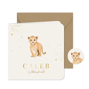 Geboortekaartje lief unisex leeuw welpje hartjes goud